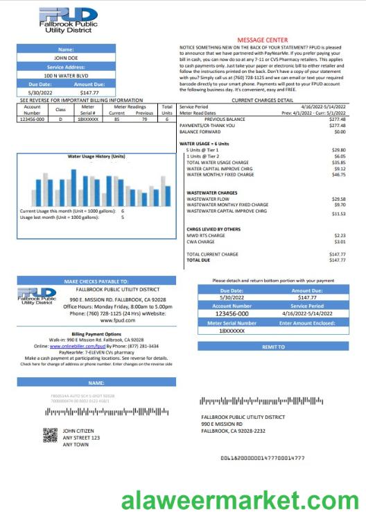 USA Fallbrook Public utility bill template in Word and PDF format